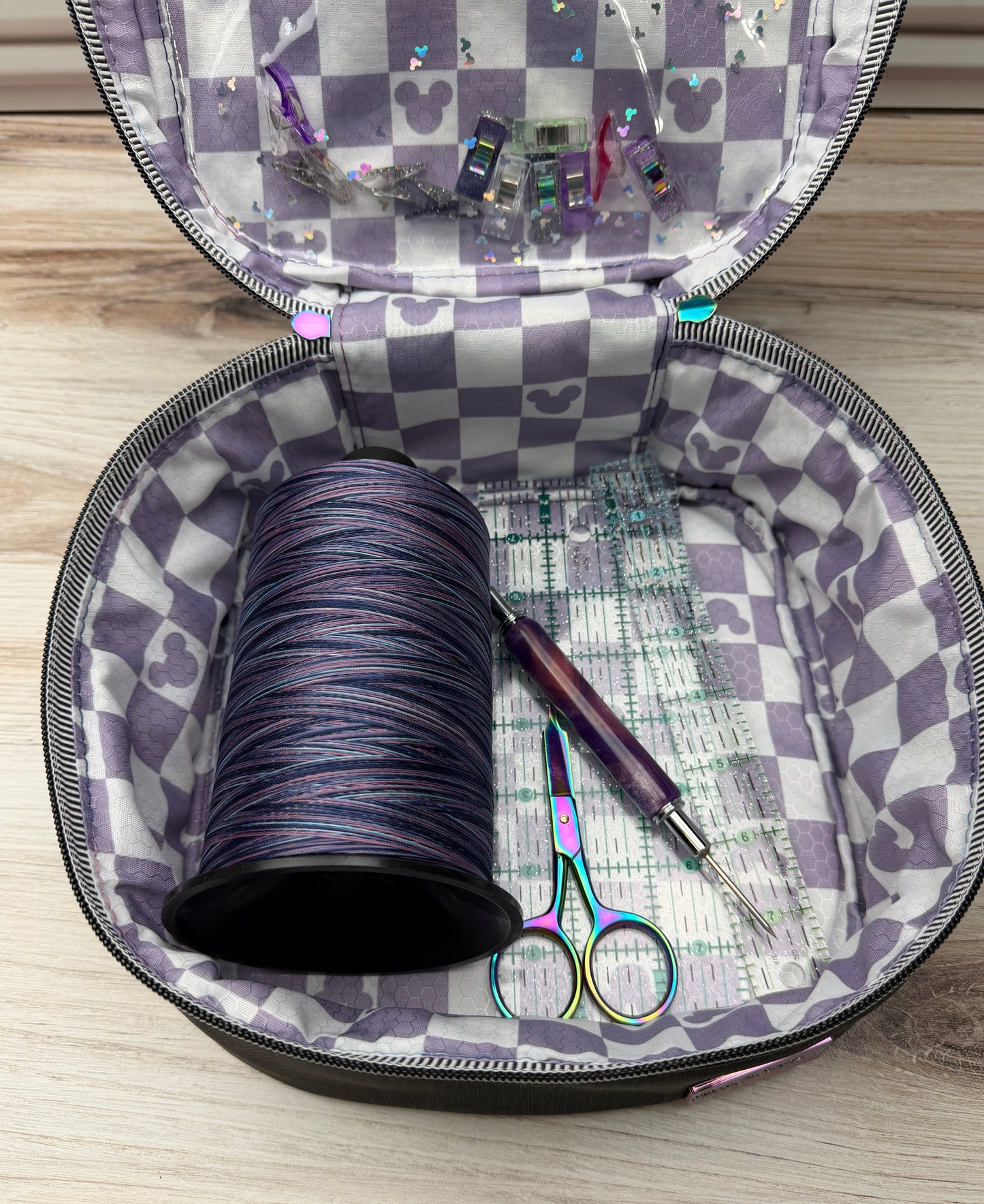 Medium Sized Hazel- quilted black with purple mouse checks