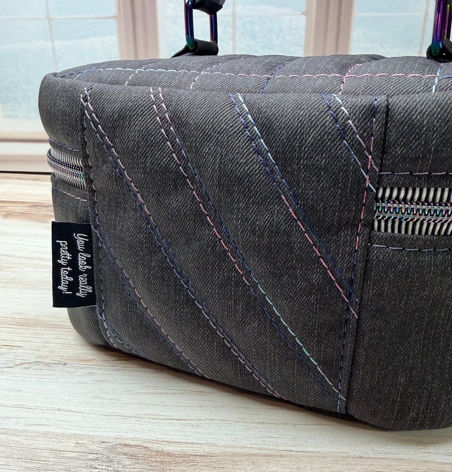 Medium Sized Hazel- quilted black with purple mouse checks