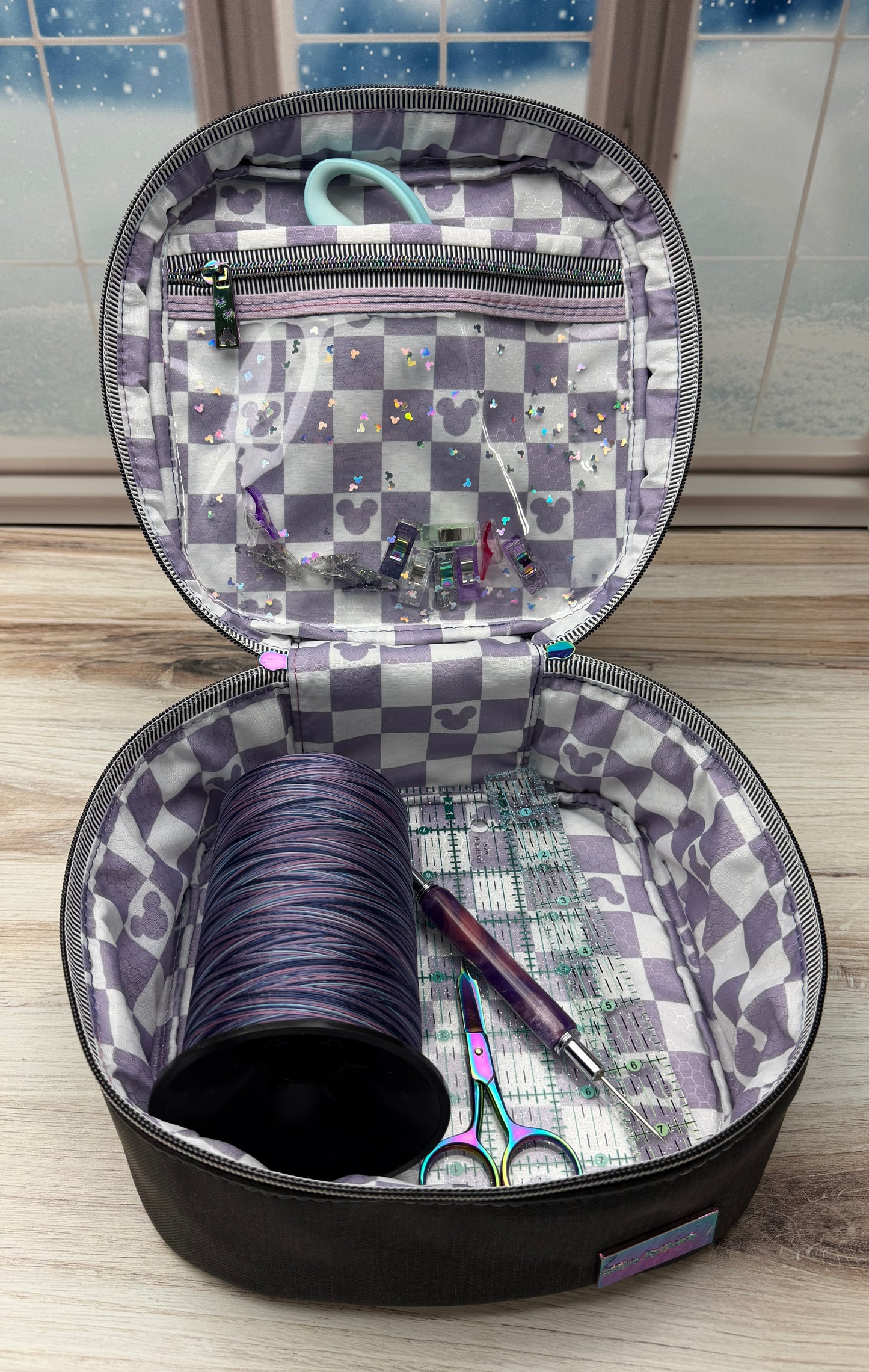 Medium Sized Hazel- quilted black with purple mouse checks